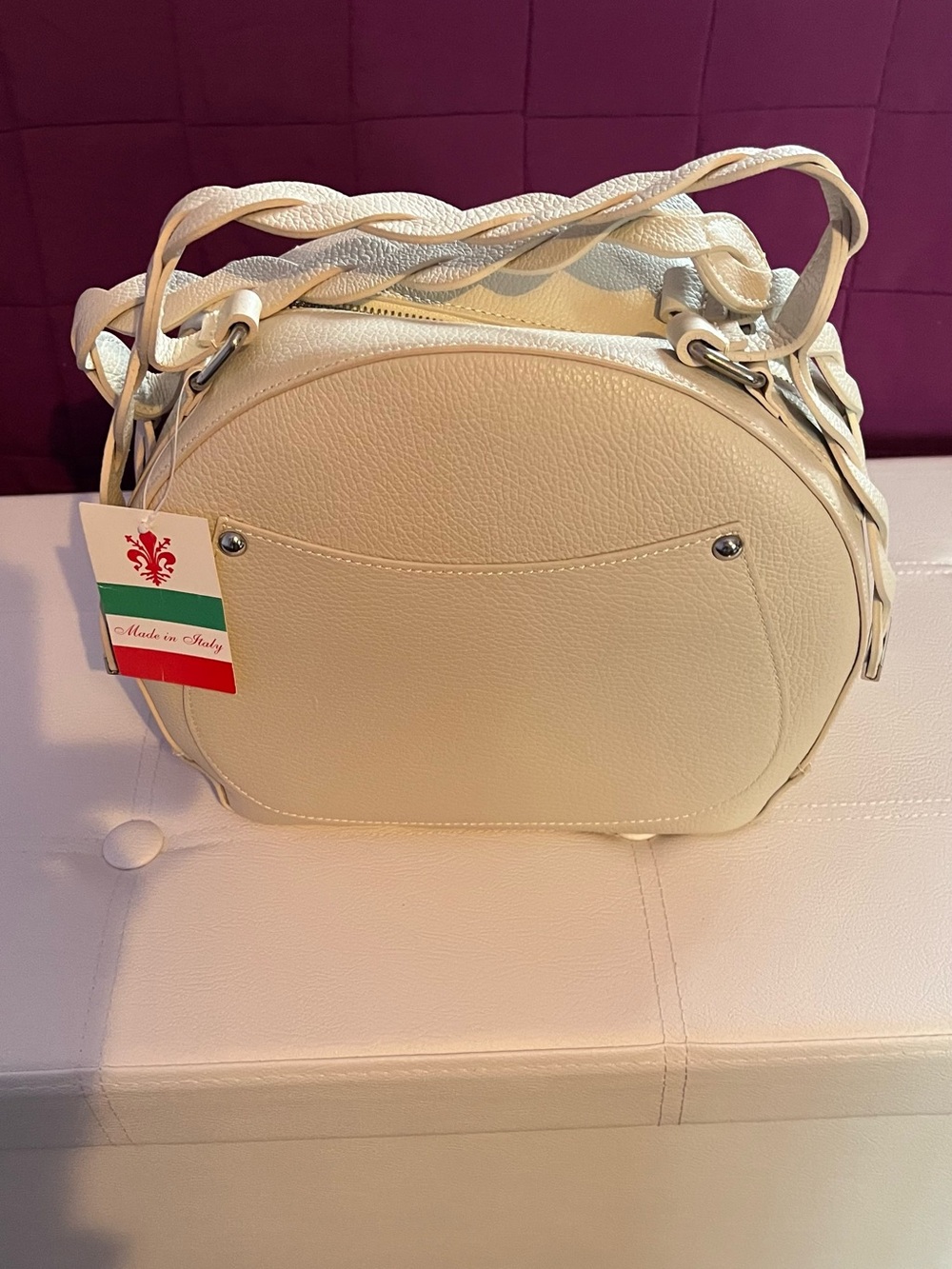 Women’s Cream Round Leather Crossbody Bag — Italian Design